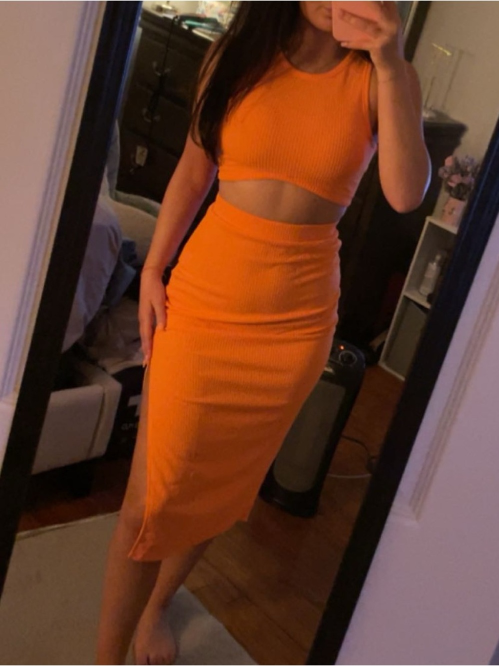 Orange Ribbed High-Waist Midi Skirt and Top Set - Women